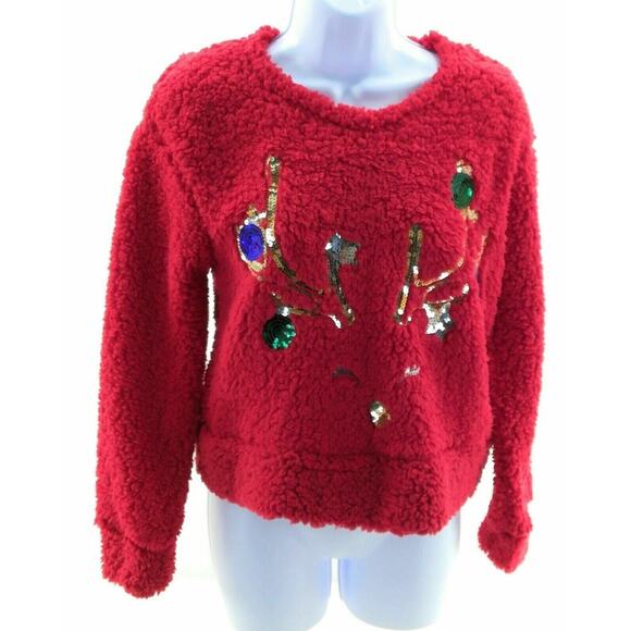 Wallflower Reindeer Red Christmas Sherpa Pullover Top Size Large - Picture 1 of 3